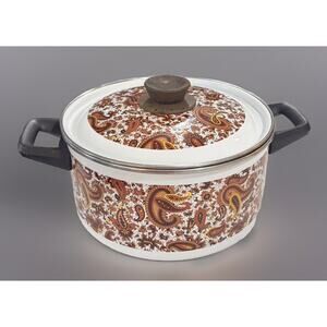 2 VTG 1970’s Porcelain Enamelware Paisley Sauce Soup Pan Set Cook Cooking w/ Lid